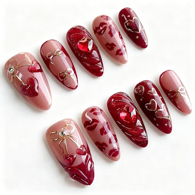 30pcs Valentines Press on Nails Medium Almond Fake Nails with 3D Red Heart Cherry Lip and Glitter... | Amazon (US)