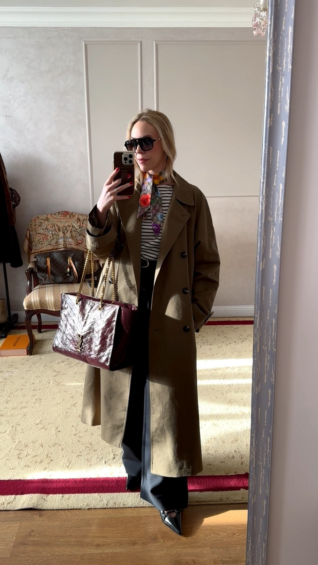 Work outfit, spring workwear, olive green trench coat, Gucci silk scarf, striped tee, style over 40

#LTKootd #LTKSeasonal #LTKOver40