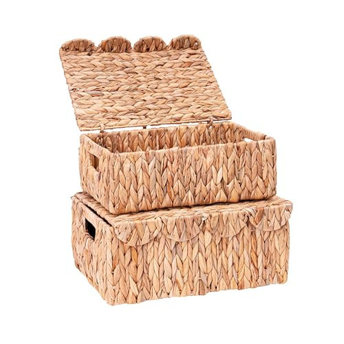 LUSYDECO Scalloped Edge Wicker Basket with Lids, Rectangle Wicker Storage Basket with Built-in Handles, Multipurpose Organizer Rattan Display Boxes for Shelf, Nursery Room, Set of 2 | Amazon (US)