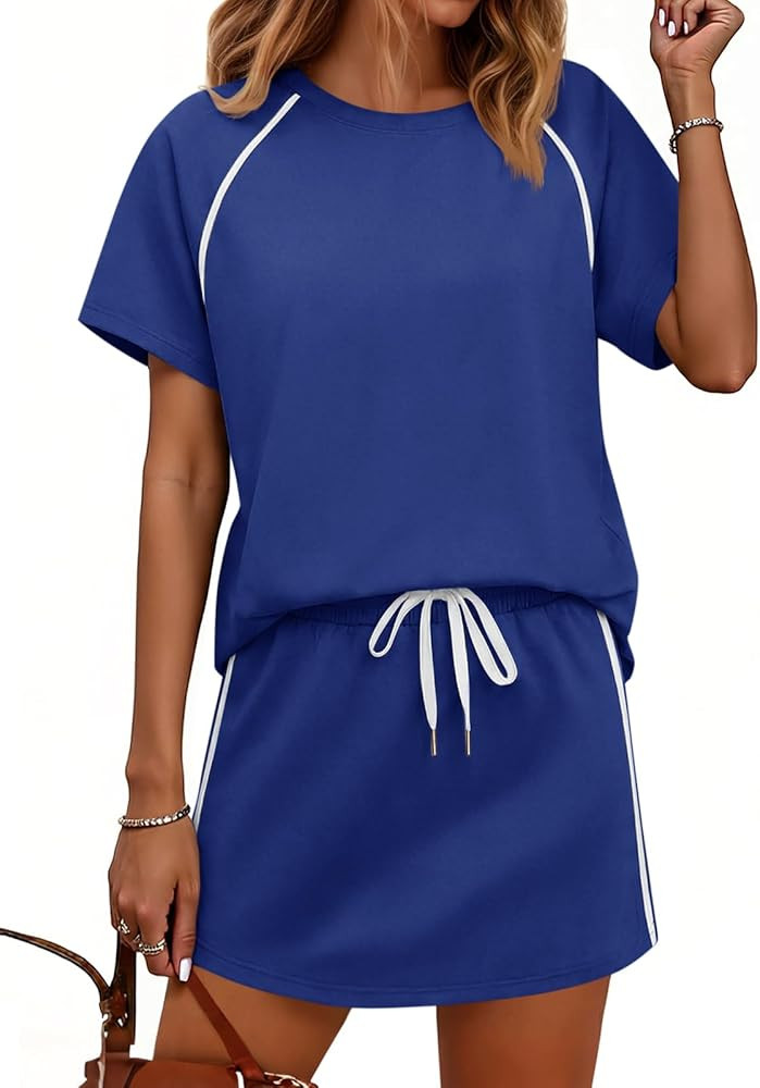 Yousify Womens 2 Piece Skirt Sets Summer Short Sleeve Tops and Tennis Skort Lounge Set Vacation W... | Amazon (US)