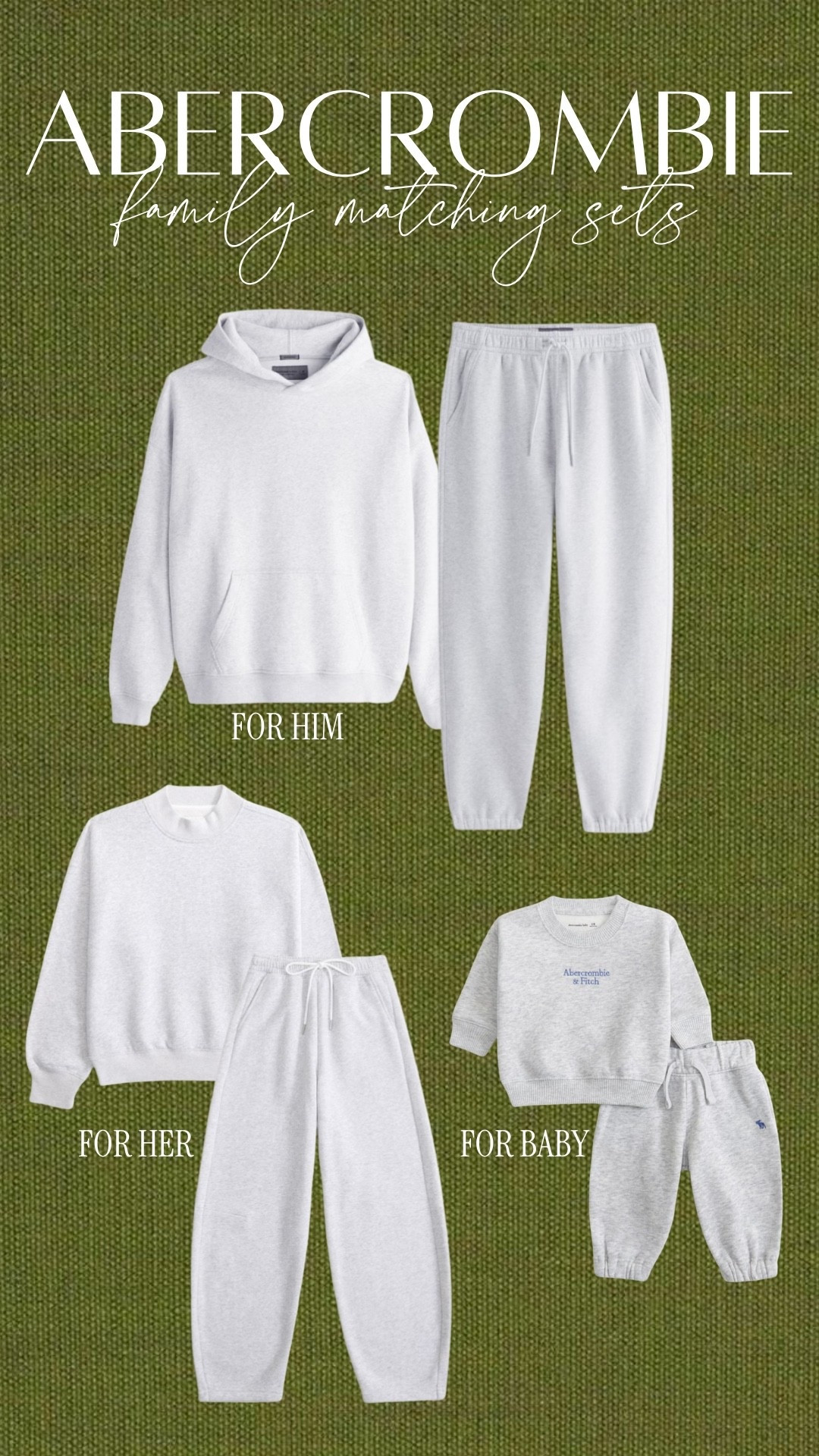 Matching family grey sweatsuits- women, men’s and baby. I’m in a size small in top and bottom (wore my entire pregnancy). 

 @abercrombie BOGO 50% off everything ends tonight 

#LTKMens #LTKBaby #LTKSaleAlert
