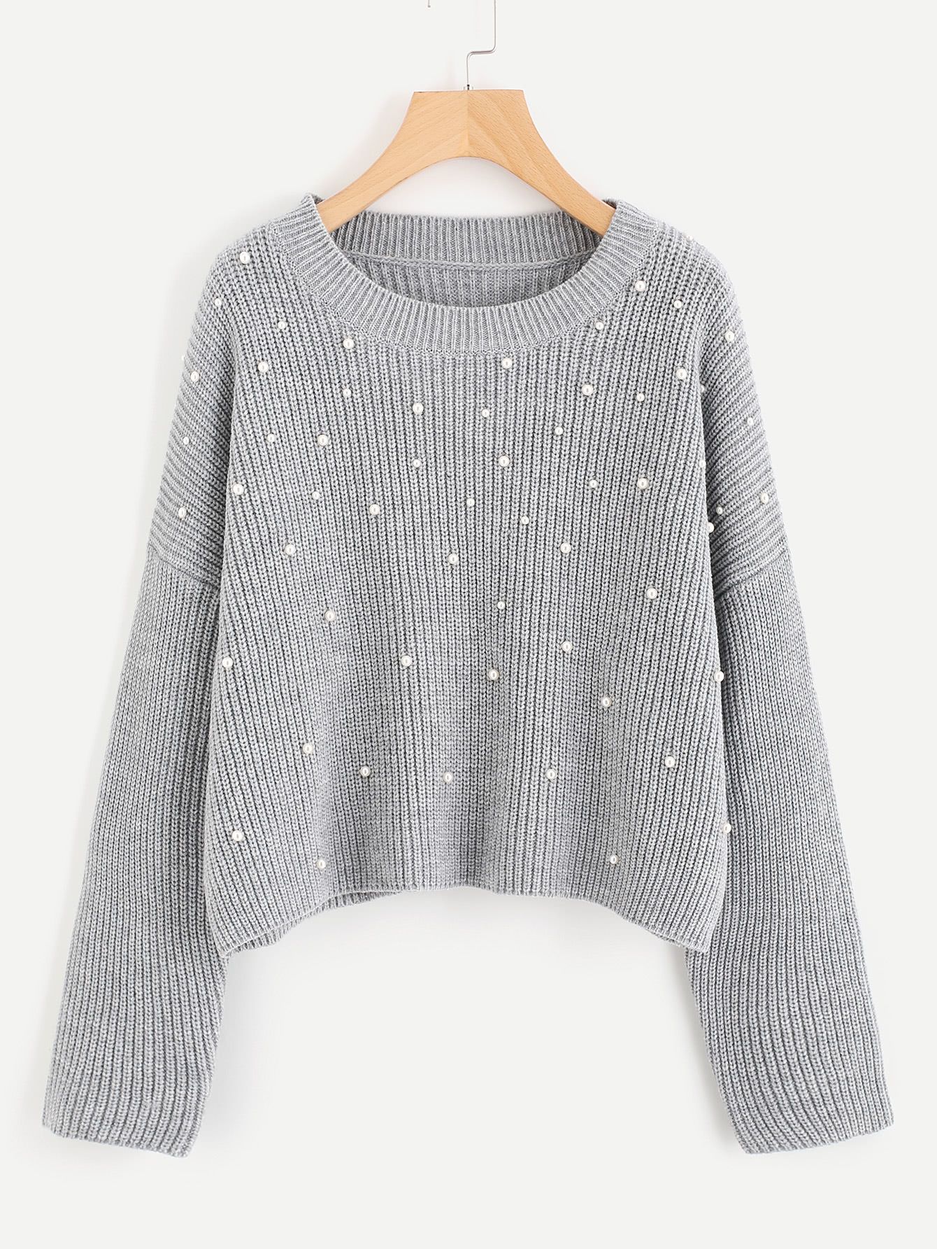 Drop Shoulder Pearl Beading Sweater | SHEIN