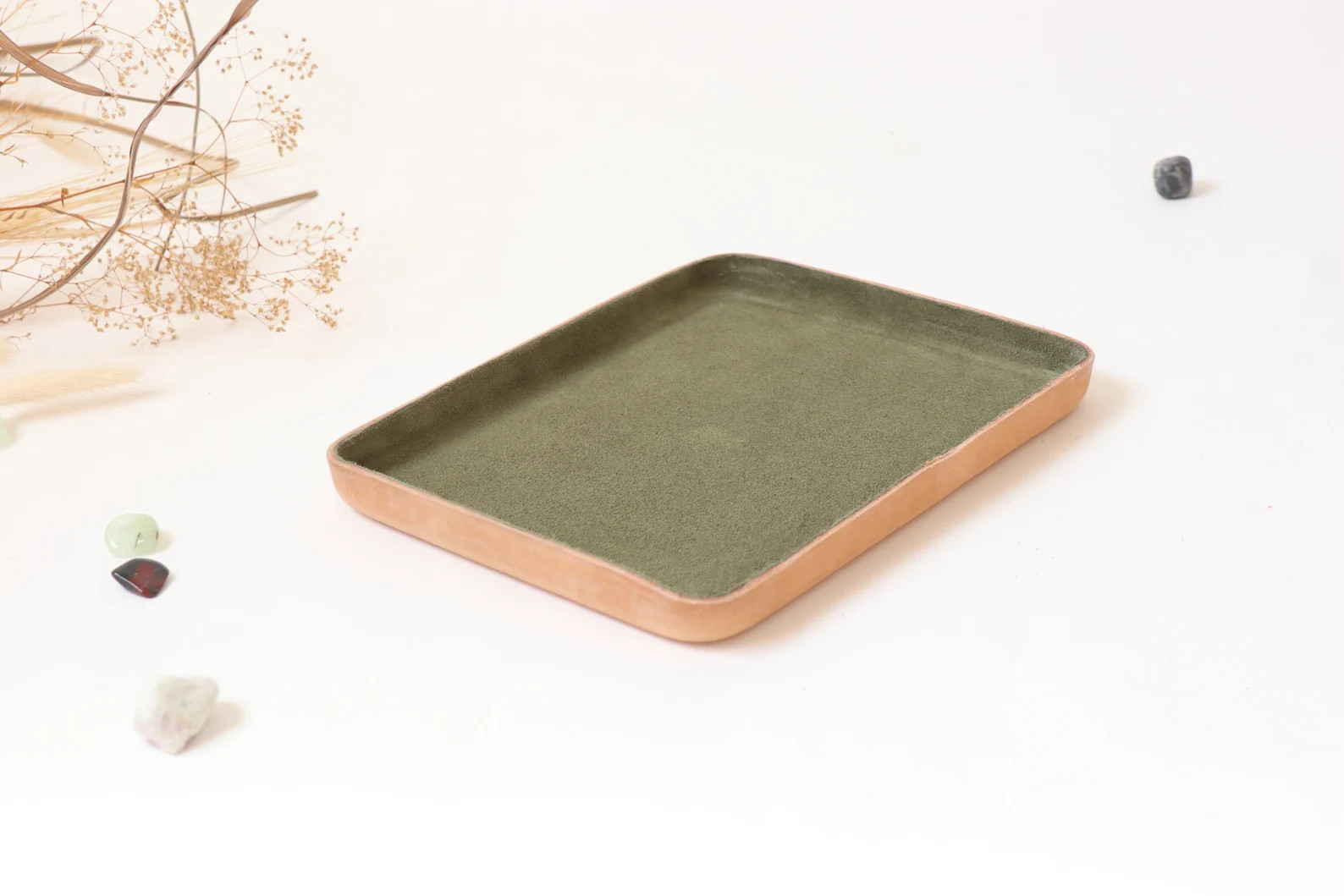 Molded Leather Valet Tray Large.  Olive suede interior. Organizing accessories to store lifestyle... | Etsy (Global)