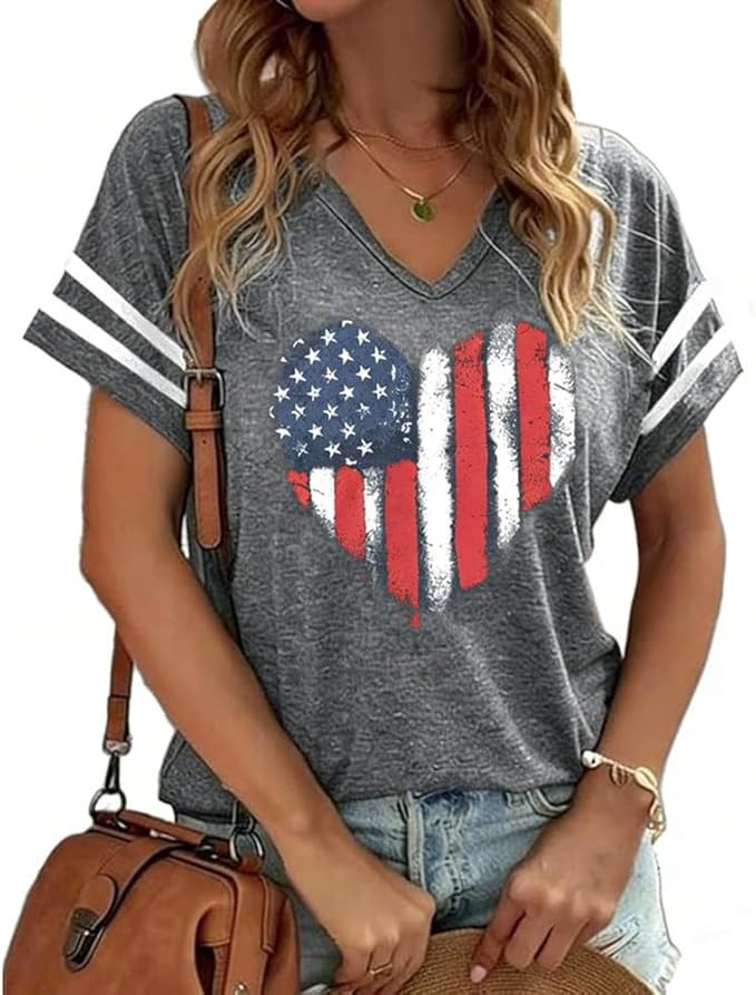 American Flag Shirts Women 4th of July V-Neck Short Sleeve Patriotic T-Shirt Memorial Day Graphic... | Amazon (US)