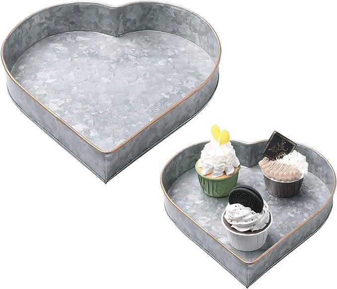 Lovely Heart Shaped Design Rustic Galvanized Silver Metal Decorative Nesting Serving Trays, Set o... | Amazon (US)