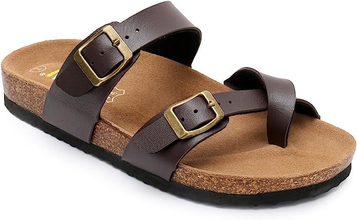 Women's Slide Flat Cork Sandals with Adjustable Strap Buckle Open Toe Slippers Suede Footbed | Amazon (US)