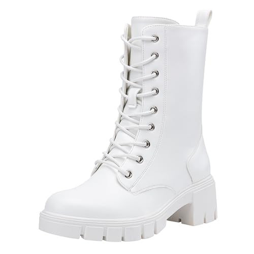 Vepose Women's All White Combat Boots Lace Mid Calf Chunky Platform 9650A Low Heel Boot with Side Zipper Size 8 (CJY9650A allwhite 08) | Amazon (US)
