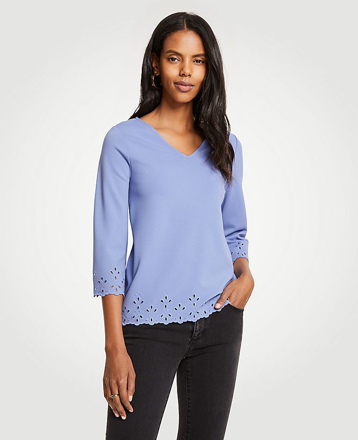 Ponte Embroidered Scallop Top | Ann Taylor (US)