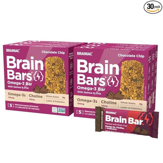 Brainiac Whole Grain Bars with Omega-3's, Chocolate Chip, 30 Count, 1.16oz - Soft Whole Grain Sna... | Amazon (US)