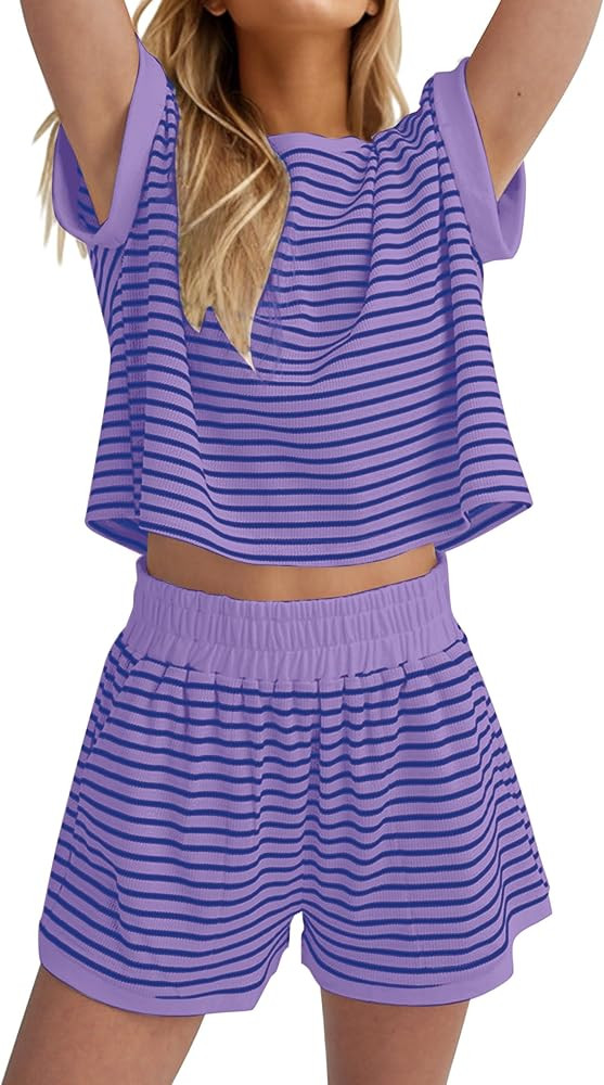 SAFRISIOR 2 Piece Knit Sets Women Summer Striped Lounge Short Sleeve Tee Shirts and Shorts Ribbed... | Amazon (US)