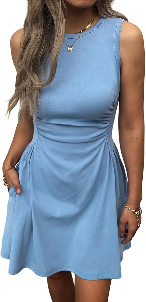 Women's Casual Dress Summer Sleeveless Ruched Waist Elegant Pleated Slim-Fit Mini Dresses with Po... | Amazon (US)