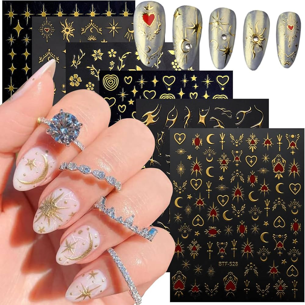 Vezocim Gold Nail Art Stickers, Sun Moon Stars Heart Line Flower Nail Self-Adhesive Sticker Desig... | Amazon (US)