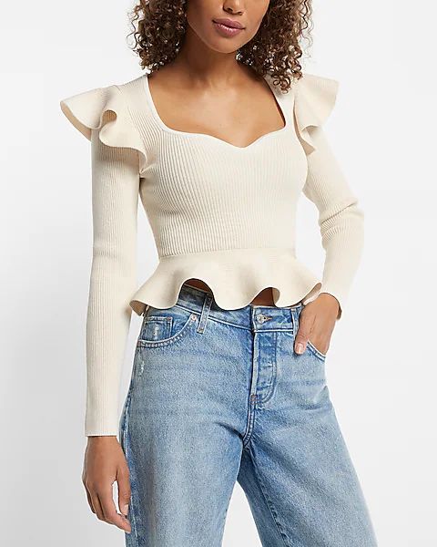 Ribbed Sweetheart Neckline Ruffle Peplum Sweater | Express