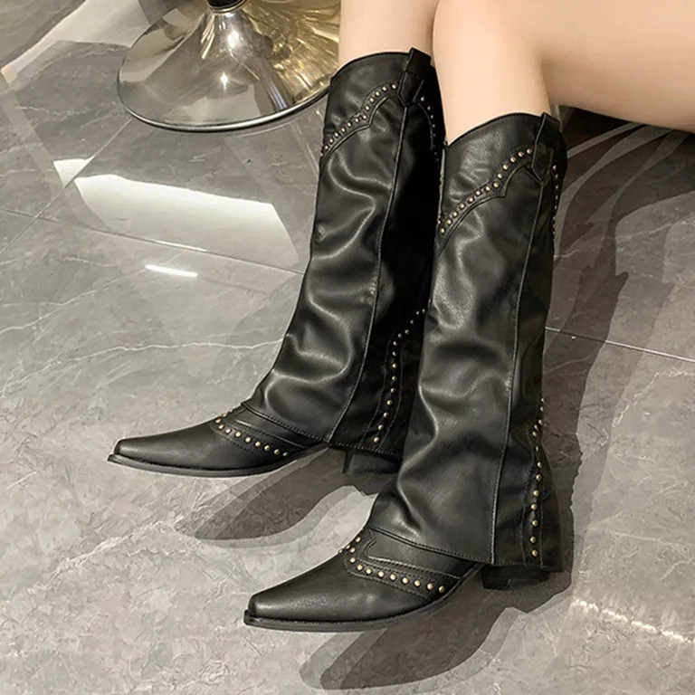 RUIYANQI Women's Cowboy Knee High Boots Studded Western Style Pull On Low Heel Faux Leather Cowgi... | Walmart (US)