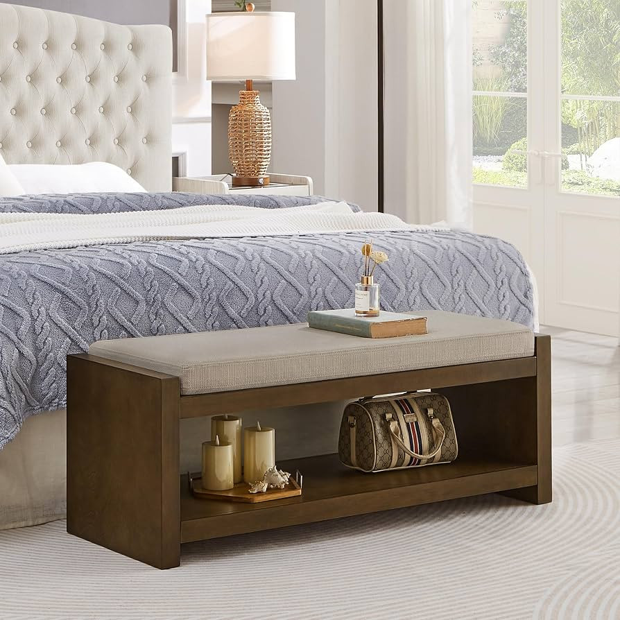 47'' End of Bed Bench with Shelf & Shoe Storage - Modern Linen Upholstered Storage Bench, Padded ... | Amazon (US)