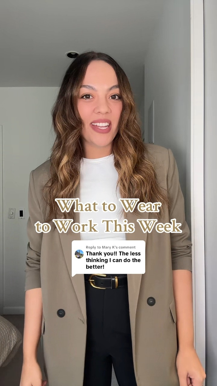 What you are going to wear to work this week!

Monday:
-Aritzia high rise black tailored pants, I have a size 10. 
-White fitted T-shirt, similar linked. 
-Taupe blazer, similar linked. 
-Aritzia black and brass belt. 
-Black kitten heels, similar linked. 
-Madewell black leather tote bag. 

Tuesday:
-H&M butter yellow crew neck sweater, I have a size medium. 
-Black maxi pleated skirt, similar linked. 
-Banana Republic gold pendant necklace.  
-Zara brown Mary Jane flats. 
-RSVP brown suede bag. 

Wednesday:
-Aritzia taupe high rise tailored pants, I have a size 10.
-Reformation 100% wool black cropped turtleneck sweater, I have a size large. 
-Aritzia black and brass belt. 
-Poppy Barley black leather Mary Jane flats. 
-Madewell black leather bucket tote bag. 

Thursday:
-Black T-shirt, similar linked. 
-Grey oversized blazer, similar linked. 
-Aritzia black midi pencil skirt, I have a size 8. 
-Poppy Barley black leather knee-high boots. I have calf width 3. 
-Same bag and belt as above. 

Friday:
-Aritzia chocolate brown pull-on Lodge trousers, I have a size medium. 
-Zara olive green peplum cardigan, I have a size medium. 
-Zara brown suede Mary Jane flats. 
-Demellier London burgundy suede tote bag. 


#LTKsale #LTKstyletip #LTKworkwear