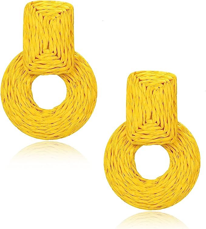 Raffia Drop Earrings for Women Boho Rattan Earrings Statement Geometric Dangle Earrings Handmade ... | Amazon (US)