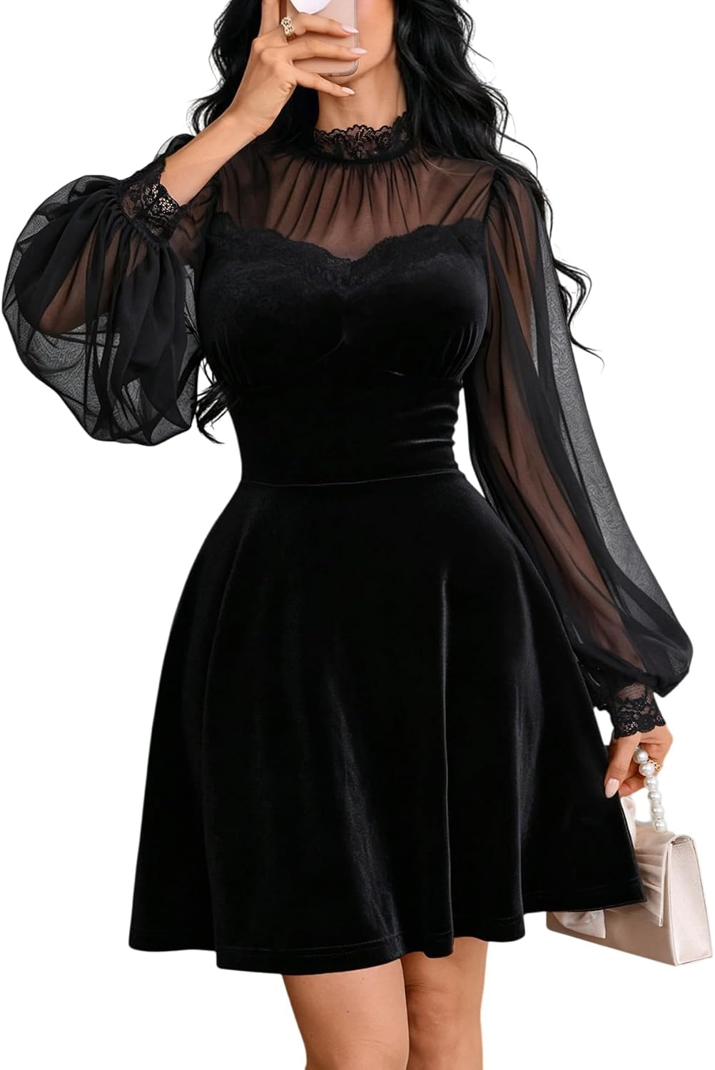 GothDark Mini Dress for Women High Neck Mesh Puff Sleeve Party Velvet Dress | Amazon (US)