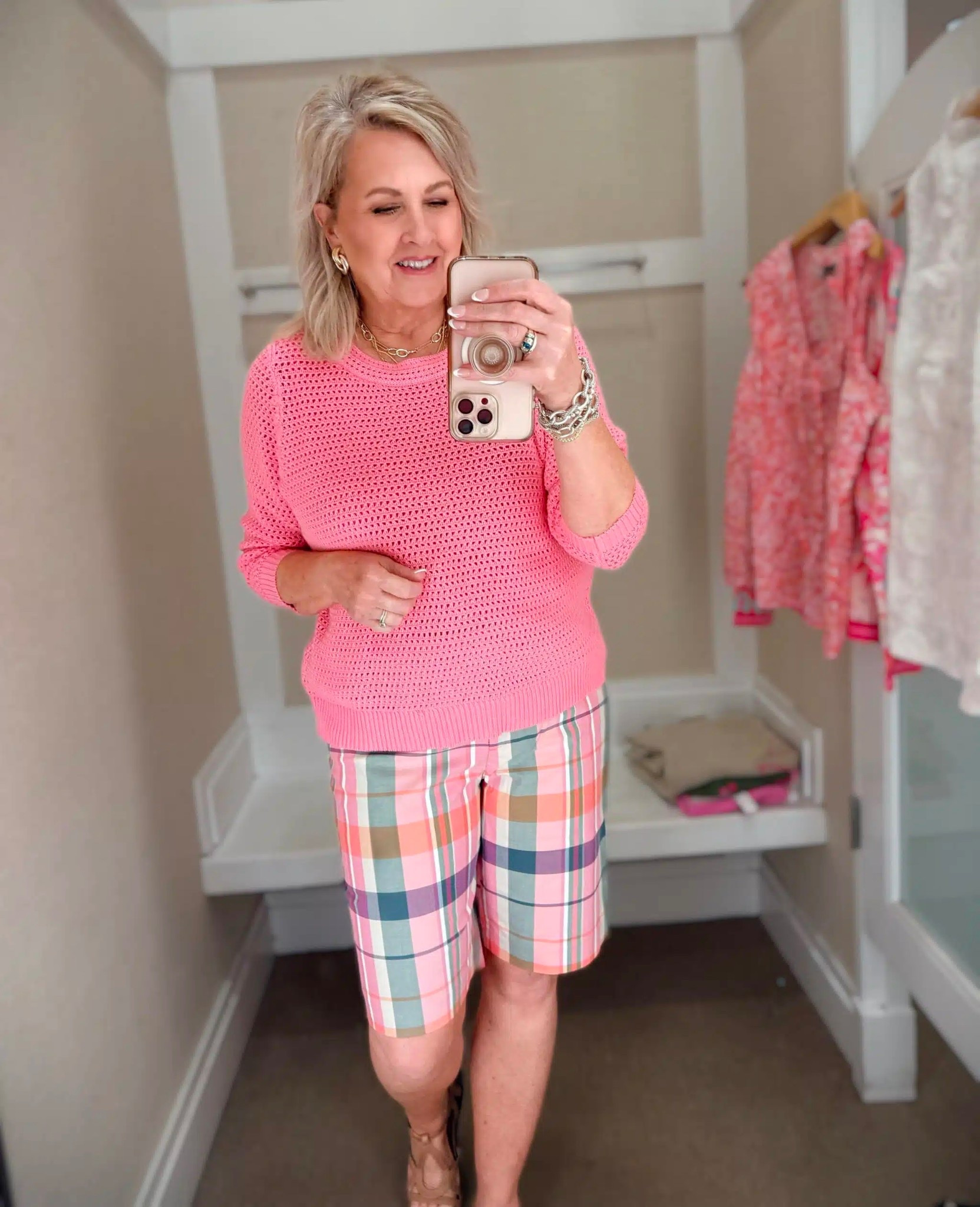 This is the same top I wore with the white jeans, but I’ve paired them with some fun plaid shorts. These are a great option for Spring and Summer if you’re looking for a modest pair. My tank and sweater are both size large and shorts are a size 8. 

#LTKWorkwear #LTKOver40 #LTKootd