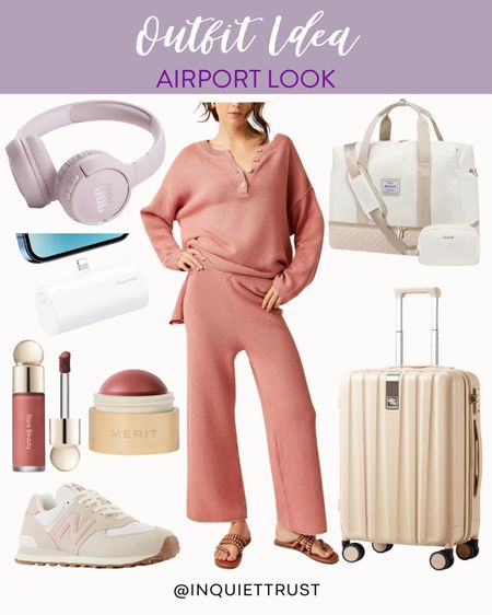 Travel in comfort and style with this outfit: a pink knitted sweater pants and sneakers. Don't forget to bring all your essentials in this wheeled light pink suitcase and a white bag.
#airportlook #comfyclothes #travelmusthaves #loungewear

#LTKstyletip #LTKbeauty #LTKtravel
