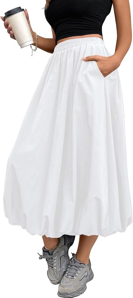 Women's Black Bubble Skirt Elastic Waist Casual Party Y2K Puffy Hem A-line Long Skirts with Pocke... | Amazon (US)