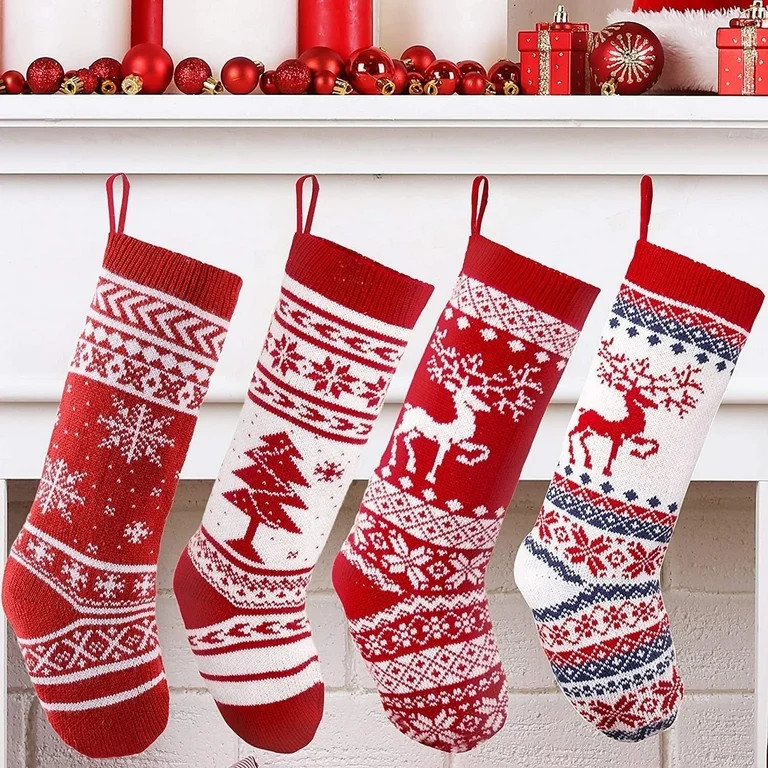 4 Pieces 18" Knit Christmas Stockings Reindeer Christmas Tree Snowflakes Knitted Stocking Christm... | Walmart (US)