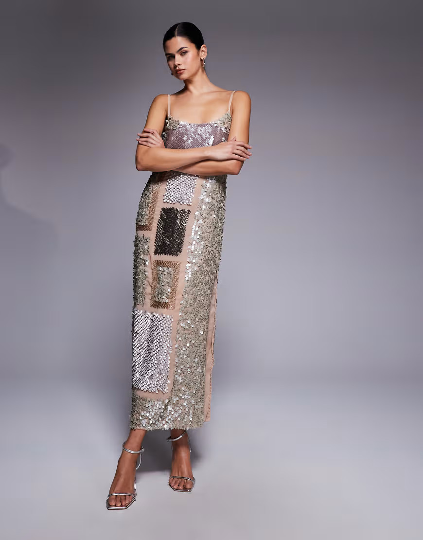 ASOS DESIGN mixed embellishment semi sheer cami midi dress in beige-White | ASOS (Global)