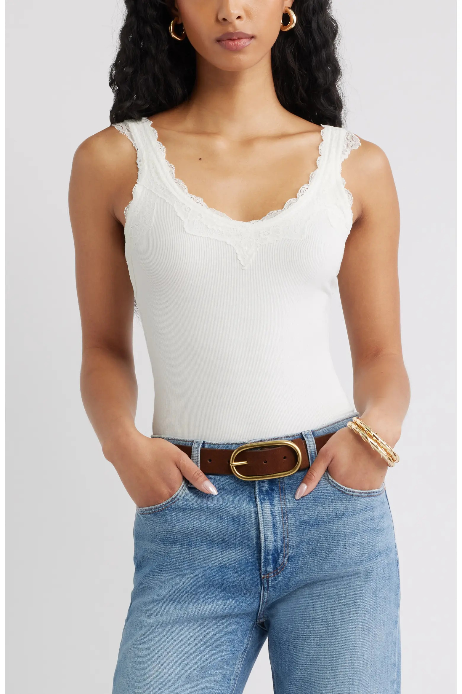 Open Edit Lace Trim Ribbed Tank (Women) | Nordstrom | Nordstrom