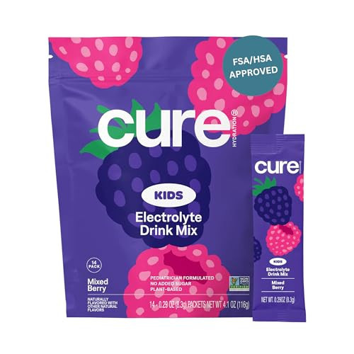 Cure Hydration - Kids Electrolyte Drink Mix | Plant-Based Pediatrician Formulated Rehydration | No Added Sugar, Non-GMO, Gluten-Free, No Artificial Flavors, FSA & HSA | 14 Packets - Mixed Berry | Amazon (US)
