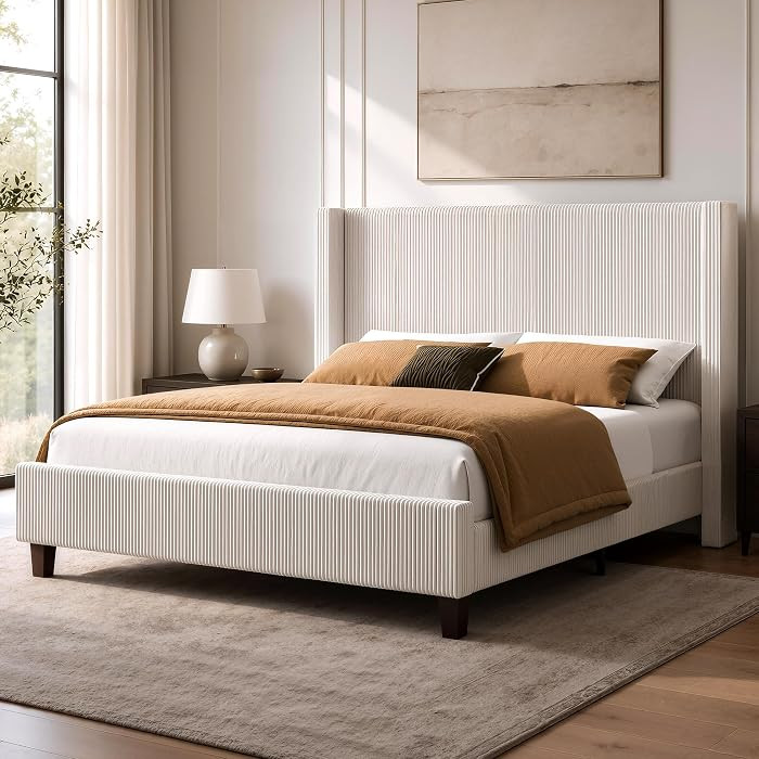King Size Bed Frame with 50.8" Tall Wingback Headboard, Modern Corduroy Upholstered Platform Bed ... | Amazon (US)