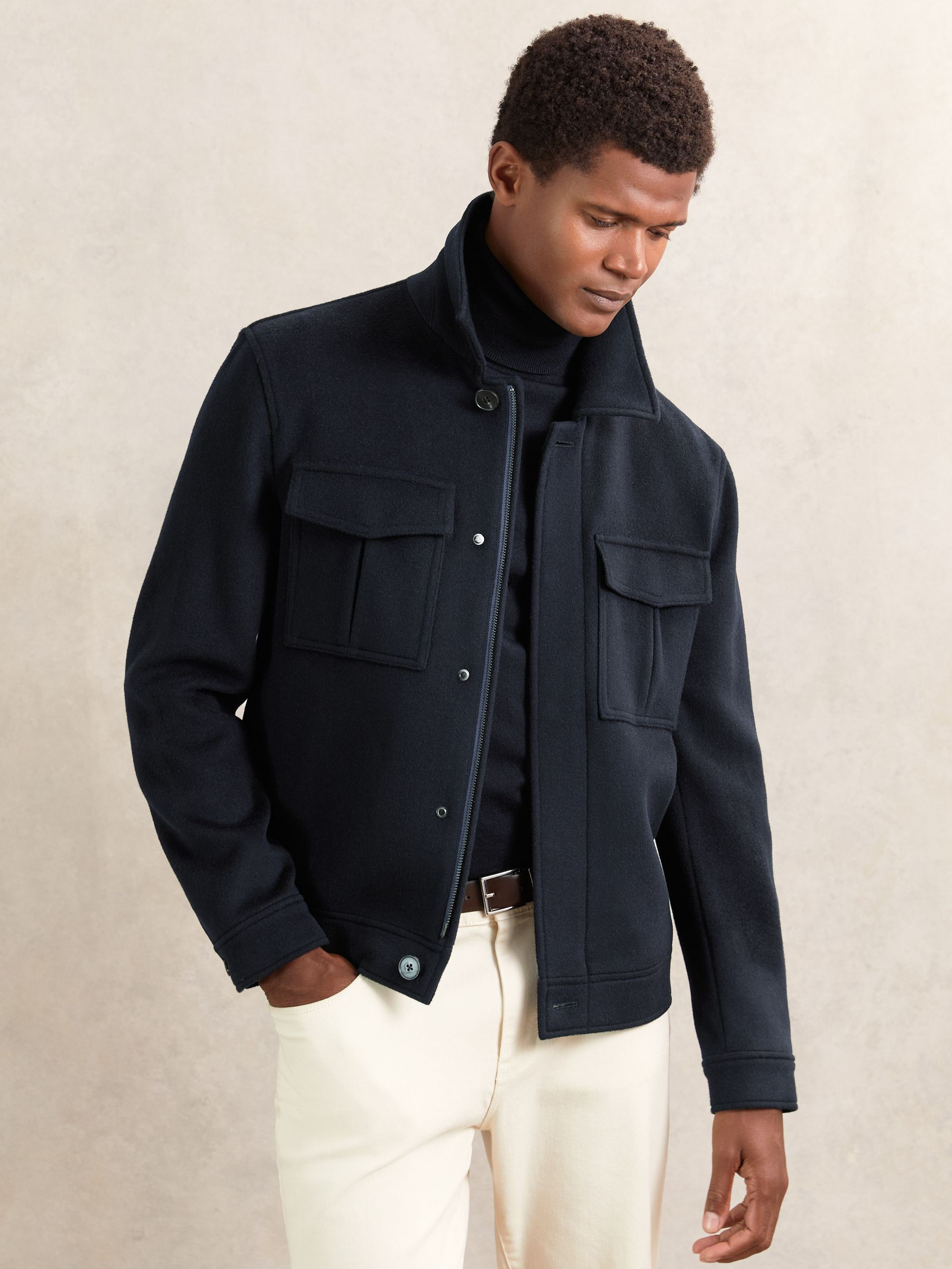 Wool Blend Twin Pocket Zipped Jacket in Navy | Reiss US