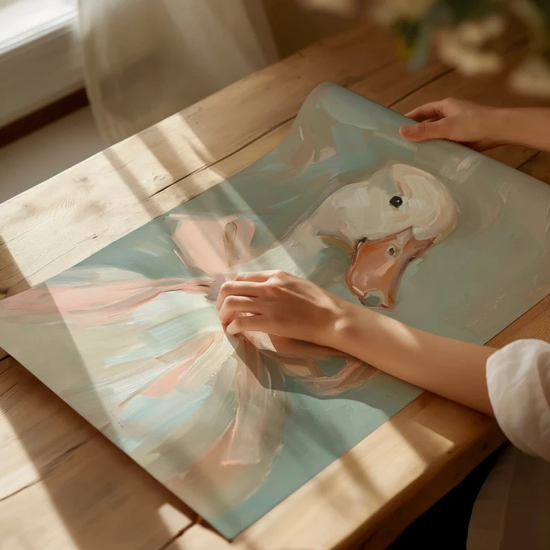 Cute Duck With Pink Bow Printable Wall Art Girly Room Decor Soft Pastel Tones Painting Vintage Ae... | Etsy (US)