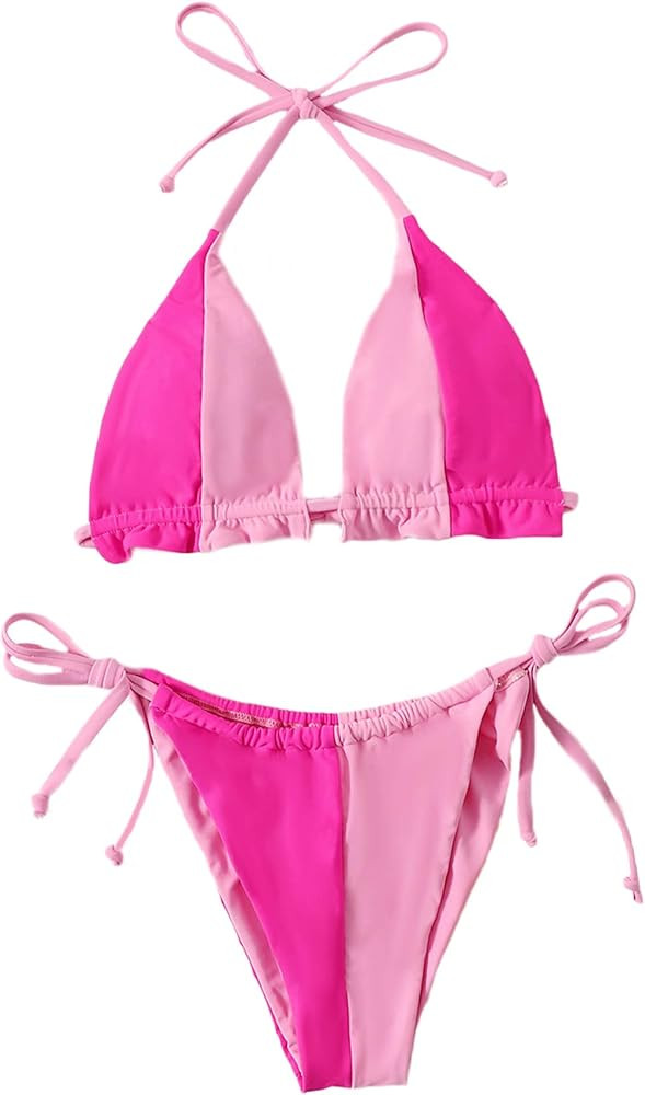 WDIRARA Women's Two Tone Halter Tie Side 2 Piece Bikini Set Swimsuit | Amazon (US)