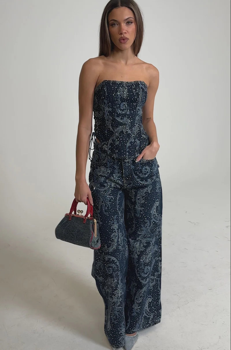 ELEVATED DENIM CORSET WITH RHINESTONES | AKIRA