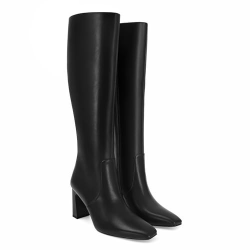 SOVANYOU Knee High Boots for Women Black Leather Chunky Heeled Boots Fashion Dress Square Toe Tall Boot With Side Zipper | Amazon (US)