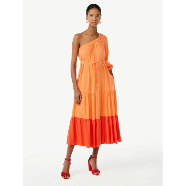 Scoop Women's One Shoulder Color Block Maxi Dress with Tie Front - Walmart.com | Walmart (US)