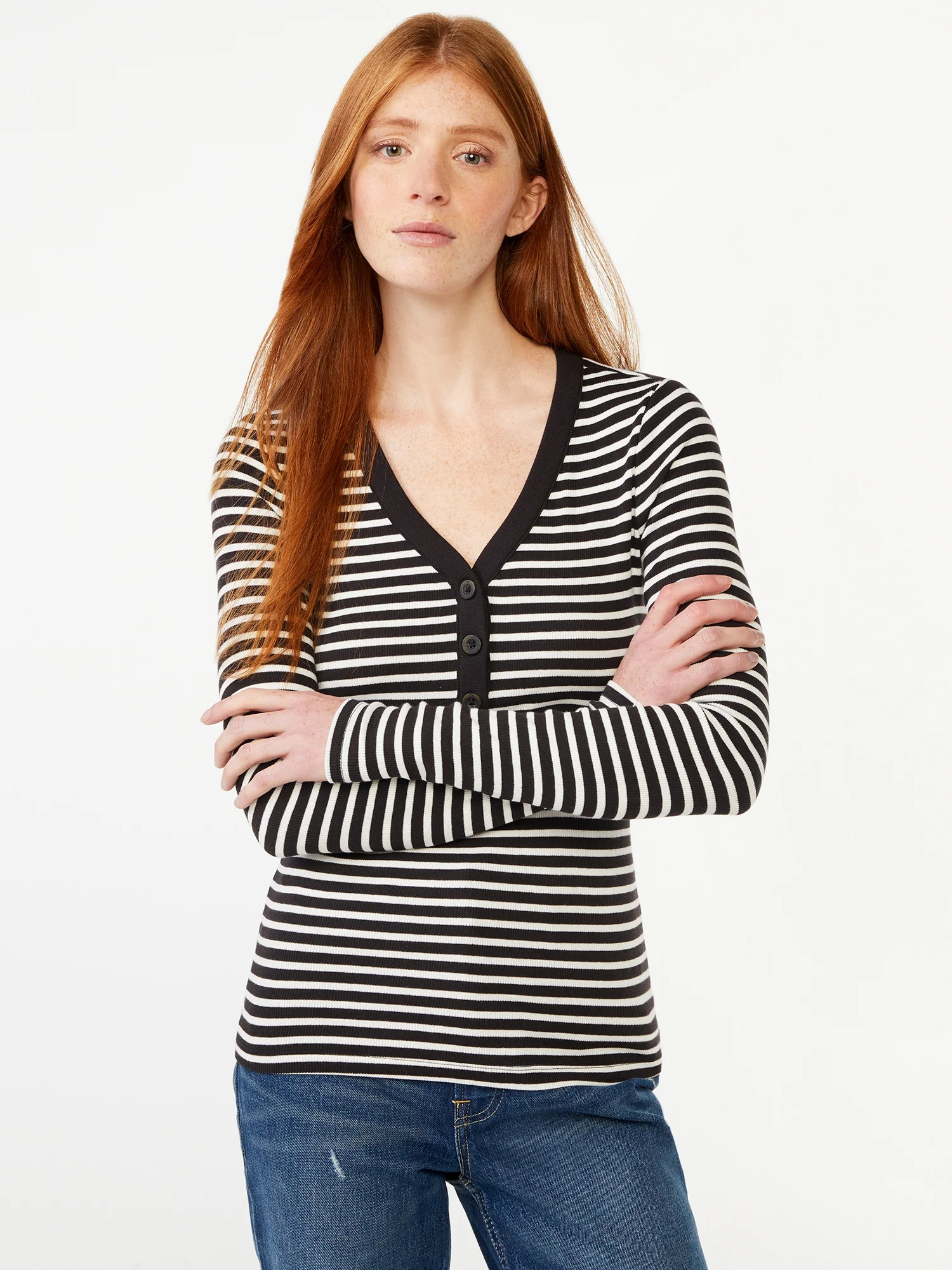 Free Assembly Women's Ribbed Henley Tee with Long Sleeves - Walmart.com | Walmart (US)
