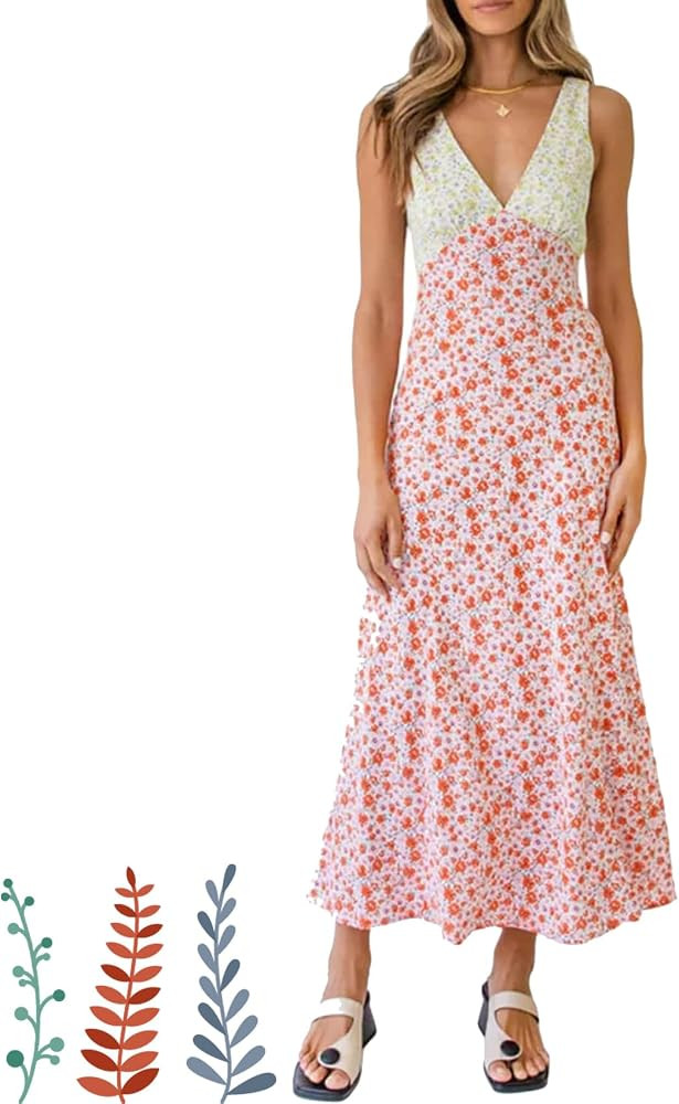 Women Y2k Floral Deep V Neck Maxi Dress, Maxi Sleeveless Patchwork Floral Dress, Backless Split C... | Amazon (US)
