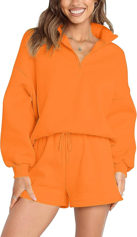 Women's 2023 Fall Oversized 2 Piece Lounge Sets Long Sleeve Zipper Shorts Sweatsuit Outfits with ... | Amazon (US)