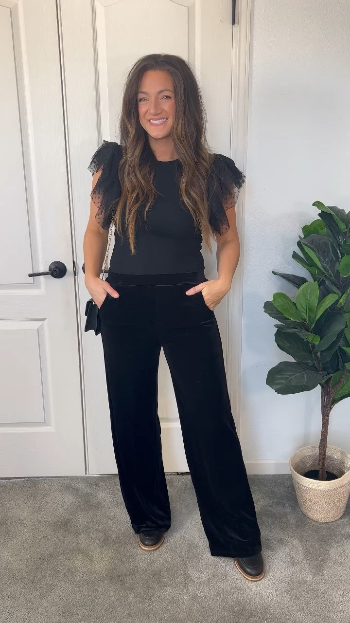 Holiday outfit idea! These velvet pants will work as a Thanksgiving day outfit or Christmas outfit! They’re under $17, soft, and have a stretchy waistband! 👏 true to size, but a little long on me at 5’2” loafers tts, but size up half in the holiday flats!! Use code AMELIA10 for 10% off this cute lace sleeve top (also comes in pink, beige, and apricot)! 

#LTKHoliday #LTKVideo #LTKstyletip