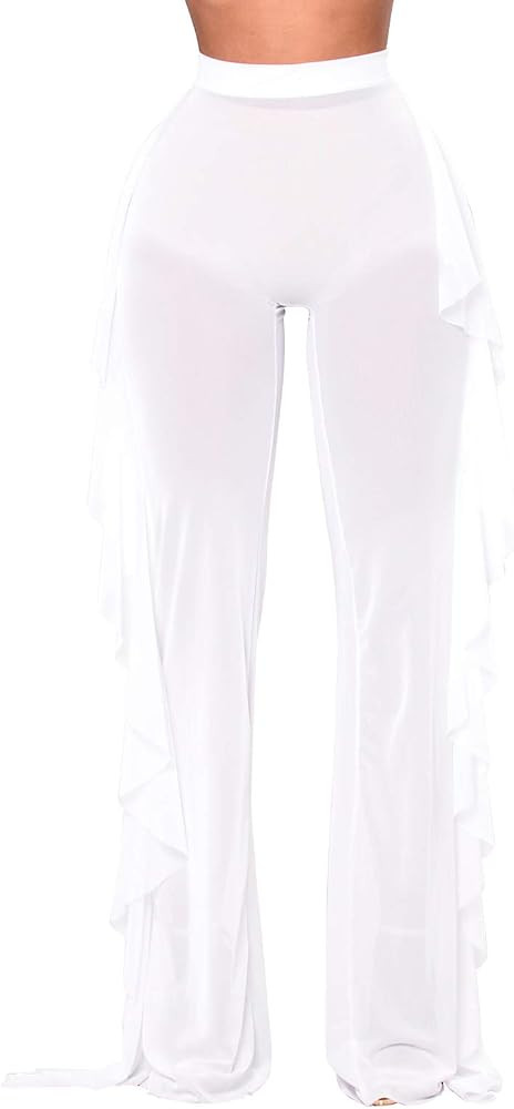 COCOLEGGINGS Women's Sheer Mesh Ruffle Pants Swimsuit Bikini Bottom Cover Ups | Amazon (US)