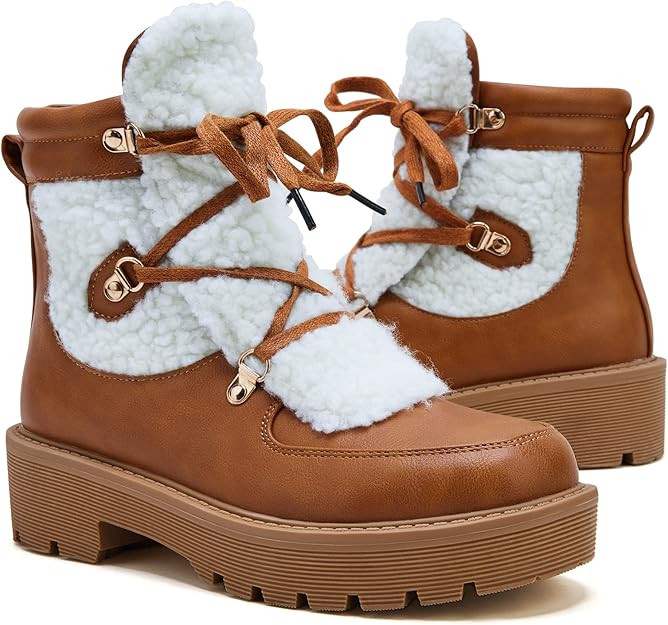 TINSTREE Women's Lace Up Ankle Booties Fleece Chunky Platform Bootie Winter Shoes | Amazon (US)