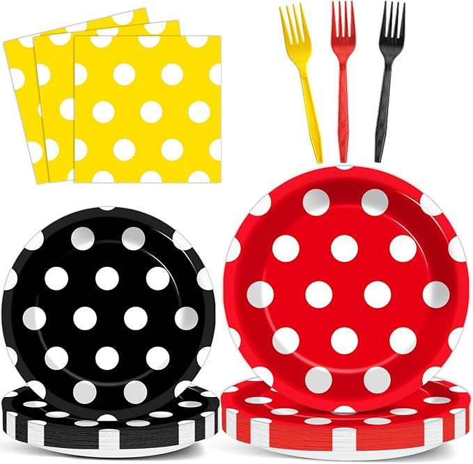 96 Pcs Mouse Color Paper Plates and Napkins Mouse Party Decorations Red Black Yellow Polka Dot Ta... | Amazon (US)