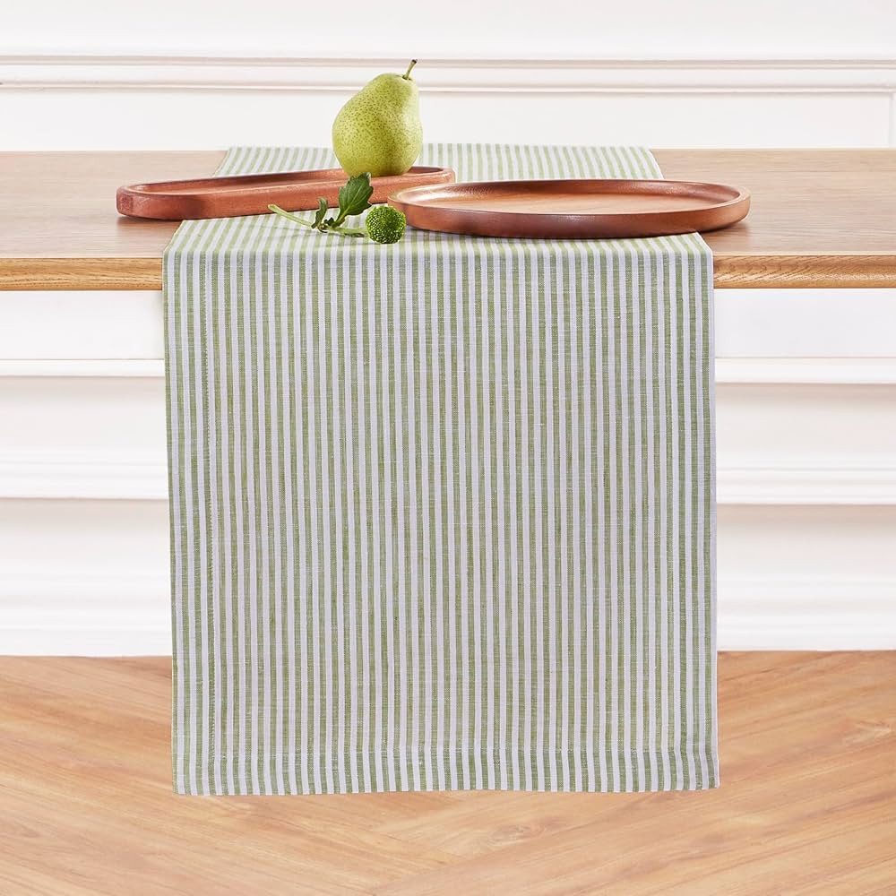 Solino Home Linen Striped Table Runner 60 Inches - Narrow Stripe, 100% Pure Linen Avocado and Whi... | Amazon (US)