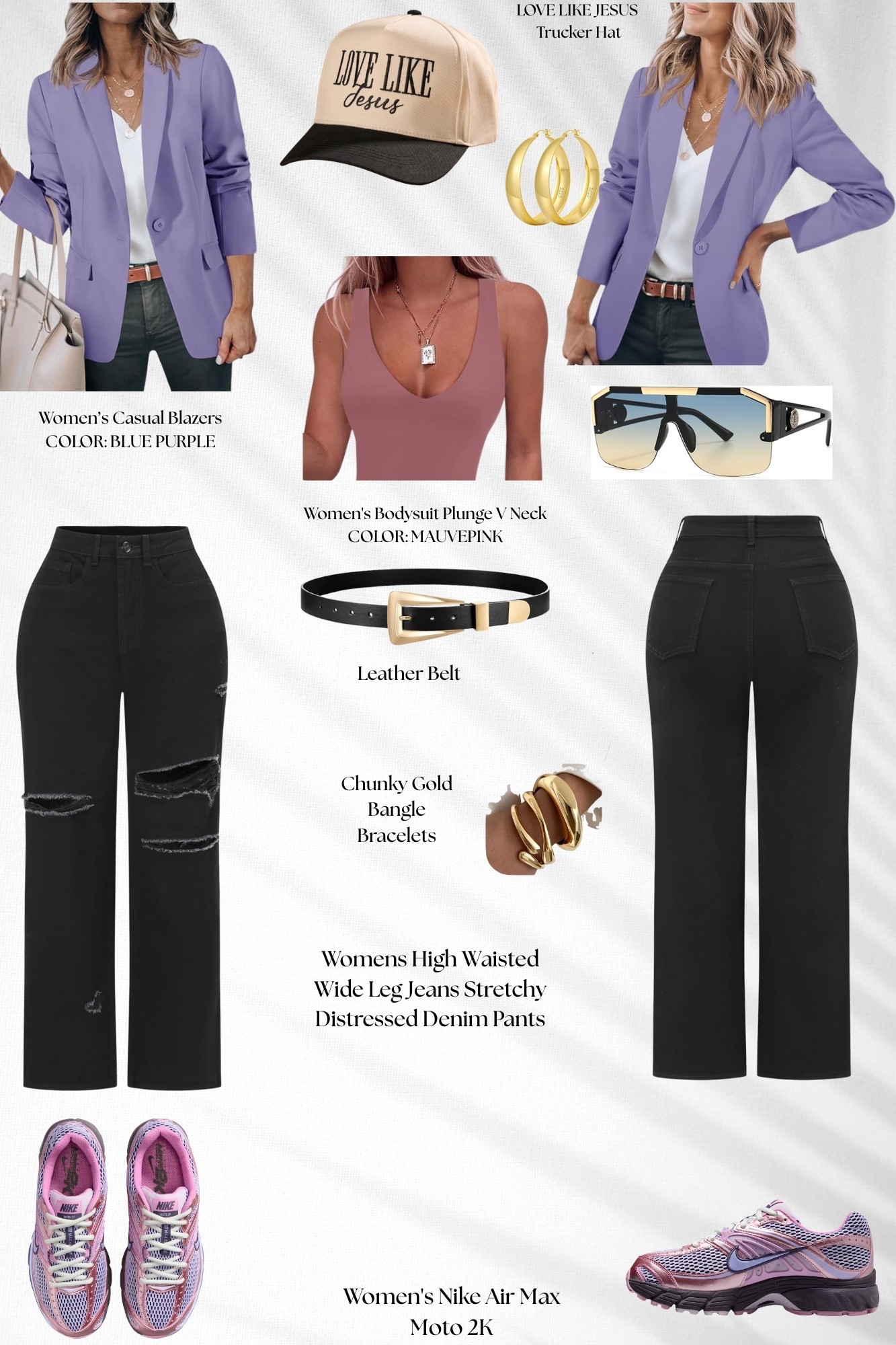 Purple Blazer + Moto Sneaker Look
Soft color, bold energy 💜✨
This lavender blazer paired with mauve tones and pink Nike Moto sneakers gives effortless sporty-chic vibes. The distressed black denim keeps the look edgy while the gold accessories elevate everything. Sizes linked on my LTK!

#LTKootd #LTKgrwm #LTKU
