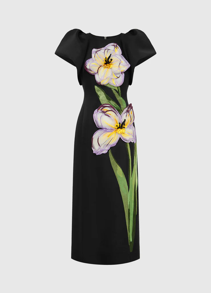 Lucinda Appliqué Floral Maxi Dress - Iris Print in Ebony | LEO LIN