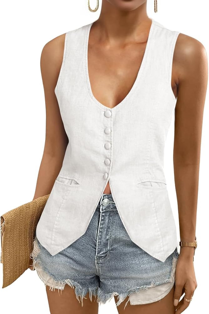 Tankaneo Womens Scoop Neck Blazer Vest Summer Linen Sleeveless Fitted Waistcoat Work Casual Cotto... | Amazon (US)