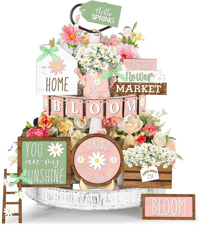 Bucherry 16 Pcs Spring Tiered Tray Decor Set Farmhouse Daisy Flower Wooden Sign Rustic Daisy Spri... | Amazon (US)