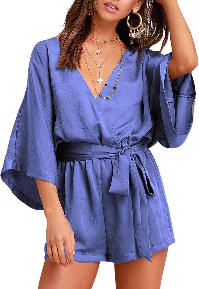 BLUEMING Rompers for Women 2023 Summer Casual V Neck Short Jumpsuits Belted Wrap Flared Half Slee... | Amazon (US)