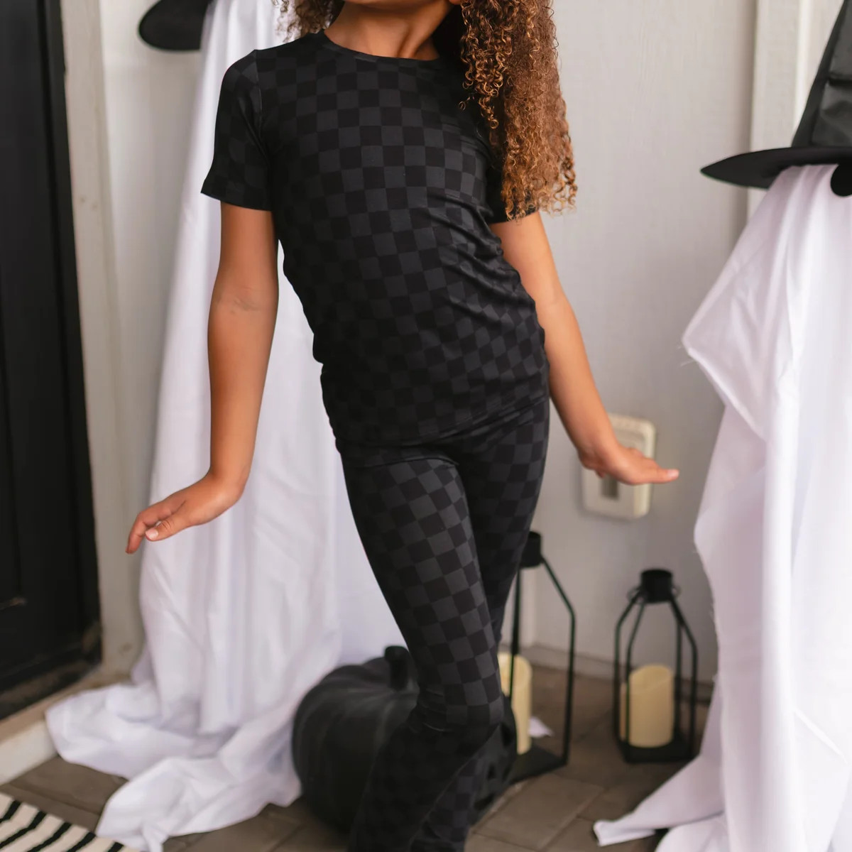 Youth Pajama Shorts sleeve and pants in Grey + Black Checkered | Silks Design